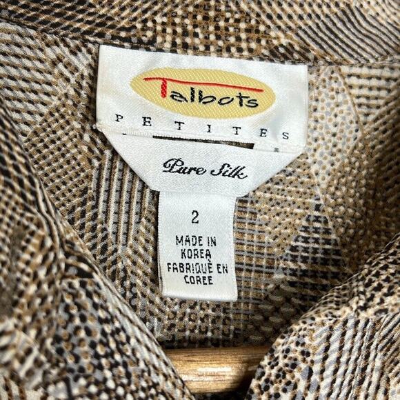 Talbots Brown 100% Silk Geometric Print Button Up Long Sleeve Shirt Size 2 Women - Picture 4 of 9
